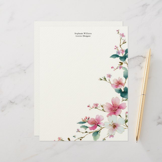 Personalized  Pink White Wildflowers Florals  Letterhead (Front/Back In Situ)