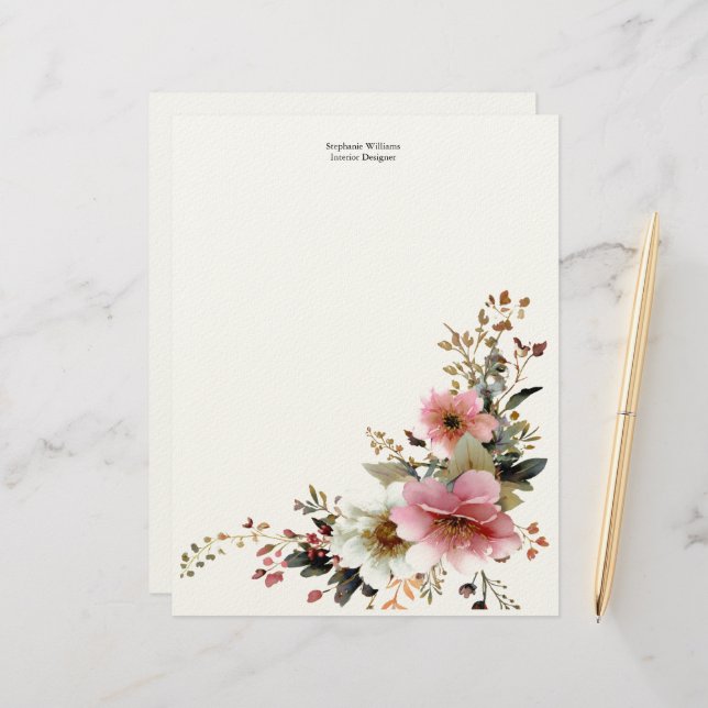 Personalized  Pink White Wildflowers Florals  Letterhead (Front/Back In Situ)