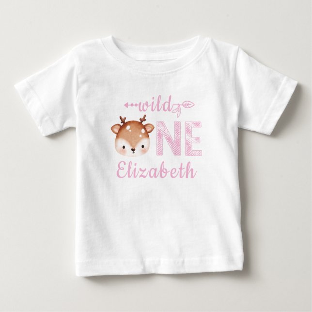 Personalized Pink WILD ONE Deer First Birthday Baby T-Shirt (Front)