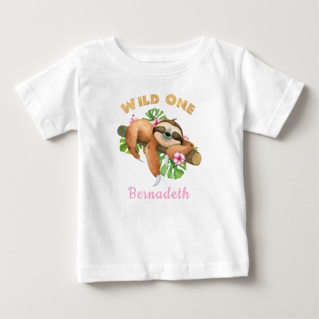 Personalized Pink WILD ONE Sloth 1st Birthday Baby T-Shirt (Front)
