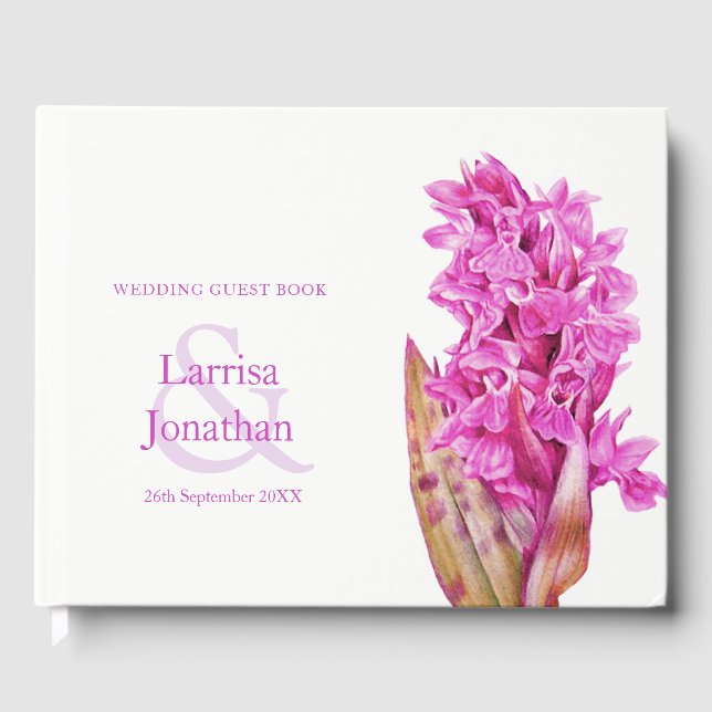 Personalized pink wild orchid art wedding guest book (Front)