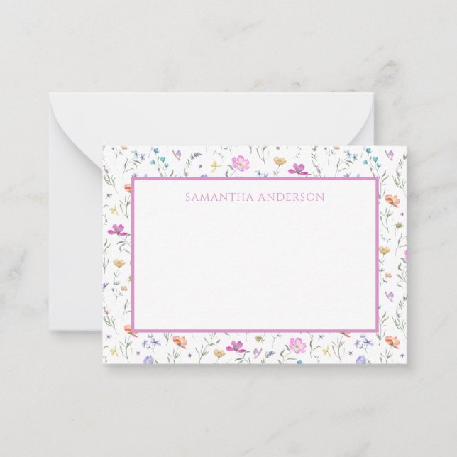 Personalized Pink Wildflower Floral Flat Note Card (Front)
