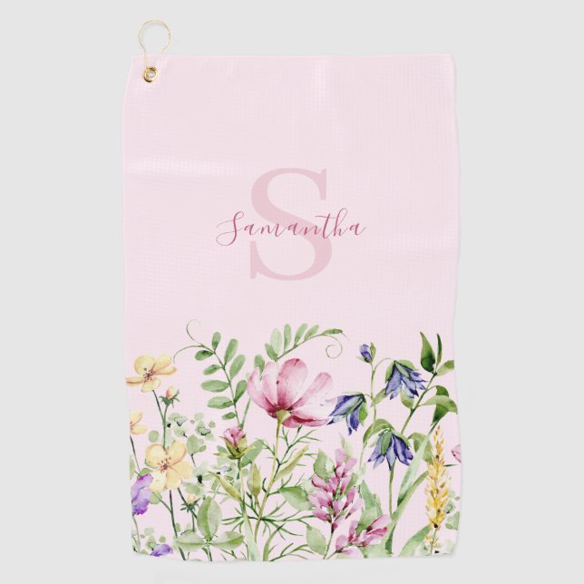 Personalized Pink Wildflower Floral  Golf Towel (Front)