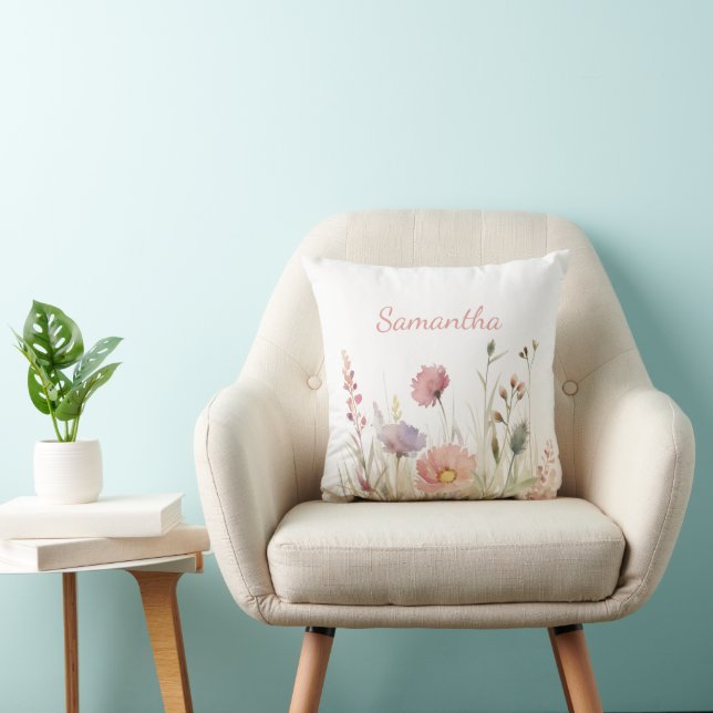 Personalized Pink Wildflower Floral Throw Pillow (Chair)