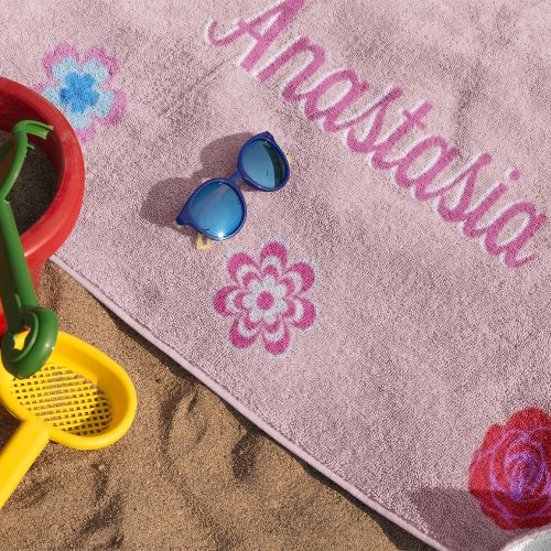 Personalized Pink with flowers  Beach Towel