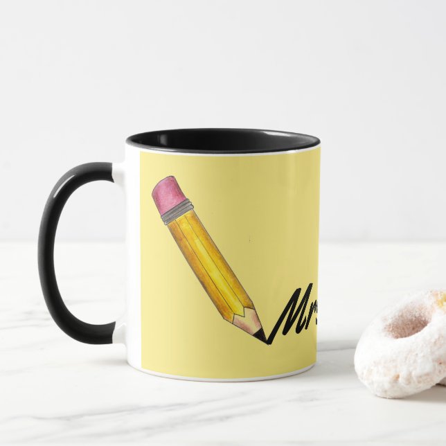 Personalized Pink Yellow #2 Pencil School Teacher Mug (With Donut)