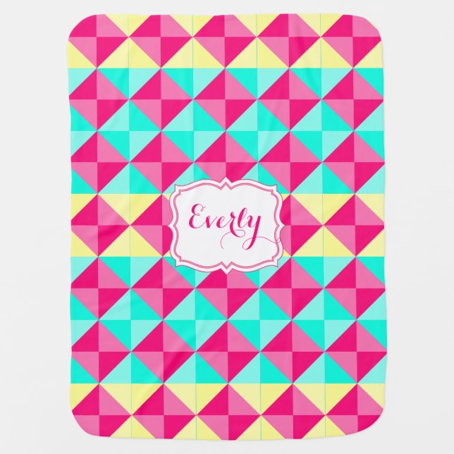 Personalized Pink Yellow Aqua Triangle Pattern Baby Blanket (Front)