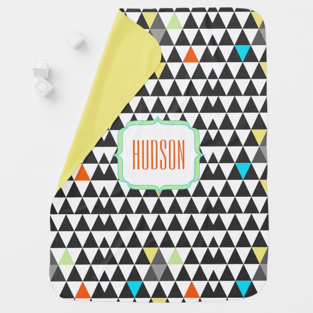 Personalized Pink Yellow Aqua Triangle Pattern Swaddle Blanket (In Situ)