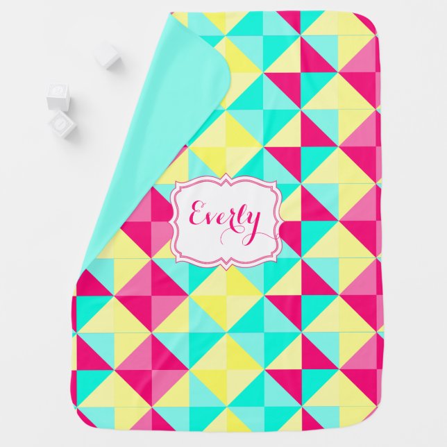 Personalized Pink Yellow Aqua Triangle Pattern Swaddle Blanket (In Situ)