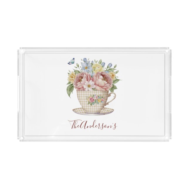 Personalized Pink Yellow Blue Flowers in Tea cup Acrylic Tray (Front)
