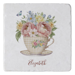 Personalized Pink Yellow Blue Flowers in Tea cup Trivet