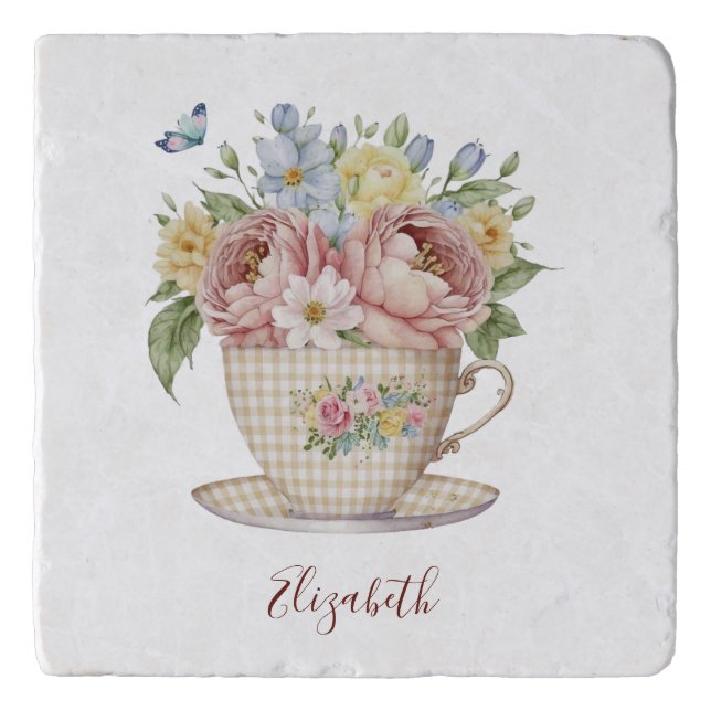 Personalized Pink Yellow Blue Flowers in Tea cup Trivet (Front)