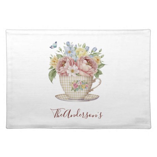 Personalized Pink Yellow Blue Flowers in Teacup  Cloth Placemat