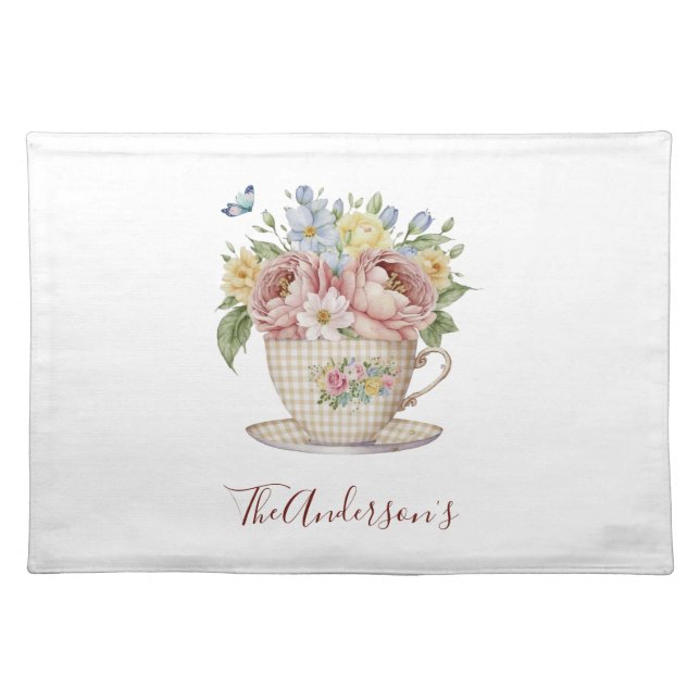 Personalized Pink Yellow Blue Flowers in Teacup  Cloth Placemat (Front)