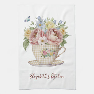 Personalized Pink Yellow Blue Flowers in Teacup  Kitchen Towel