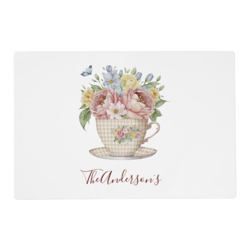 Personalized Pink Yellow Blue Flowers in Teacup  Placemat