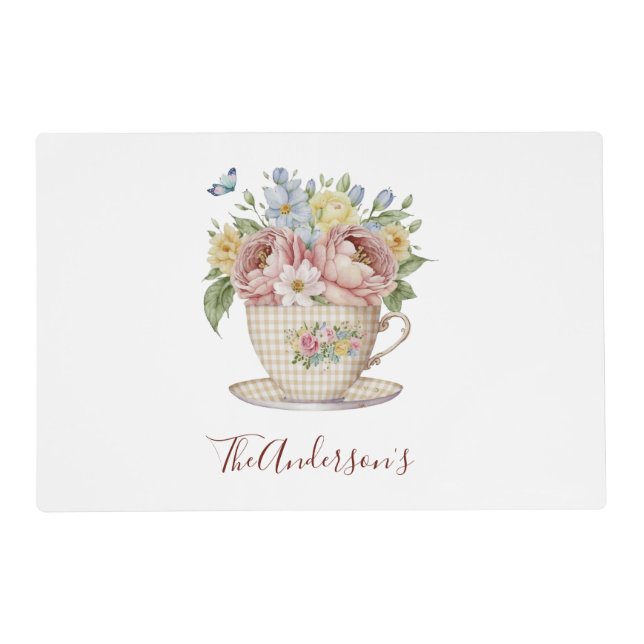 Personalized Pink Yellow Blue Flowers in Teacup  Placemat (Front)