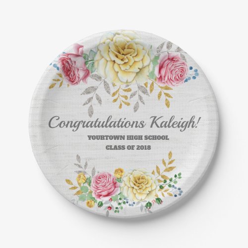 Personalized Pink Yellow Floral on Gray Burlap Paper Plates