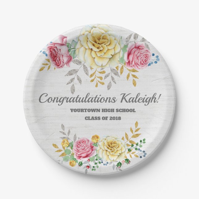 Personalized Pink Yellow Floral on Gray Burlap Paper Plates (Front)