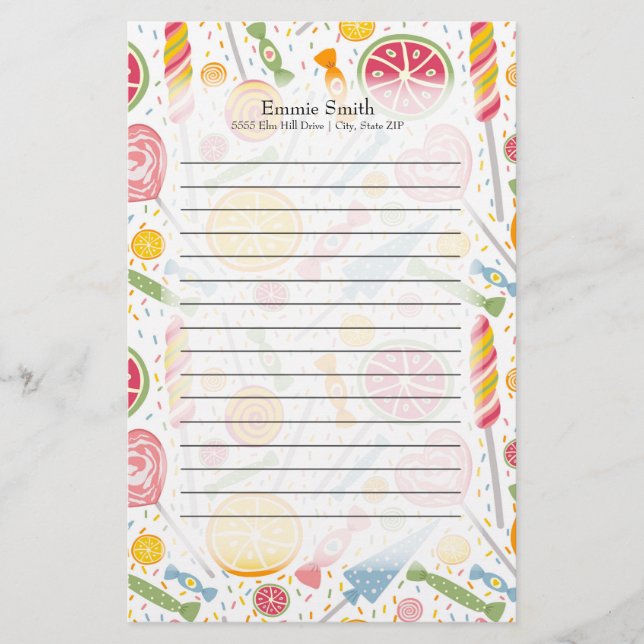 Personalized Pink Yellow Green Candy on White Stationery (Front)