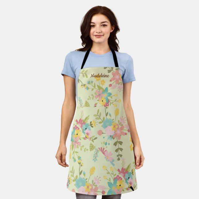 Personalized Pink Yellow Green Florals Apron (Worn)