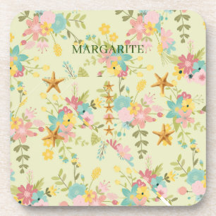 Personalized Pink Yellow Green Florals Beverage Coaster