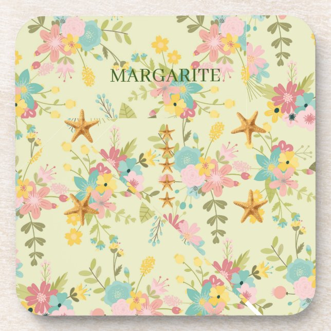 Personalized Pink Yellow Green Florals Beverage Coaster (Front)