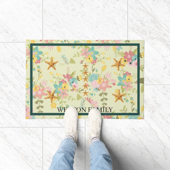Personalized Pink Yellow Green Florals Doormat (Indoor)