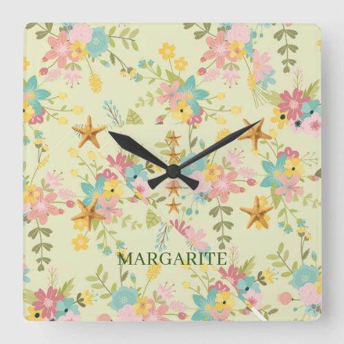 Personalized Pink Yellow Green Florals Square Wall Clock