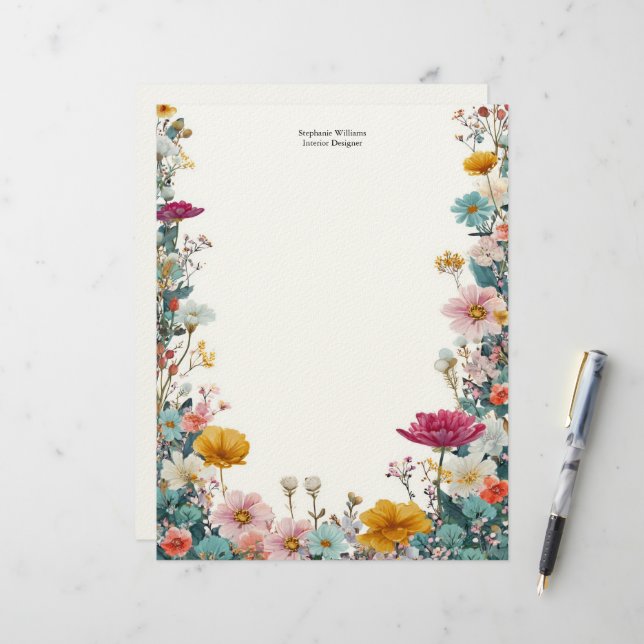 Personalized Pink Yellow Teal Wildflowers  Letterhead (Front/Back In Situ)