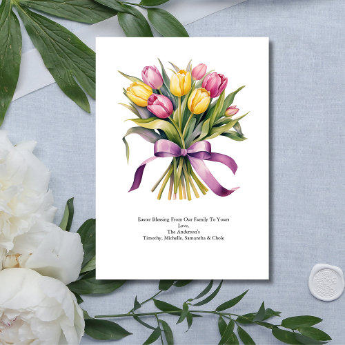 Personalized Pink Yellow Tulip Flowers Easter  Holiday Card