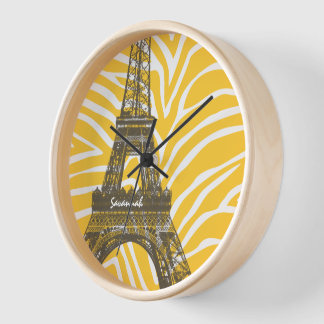 Personalized Pink Yellow Zebra Eiffel Tower Clock