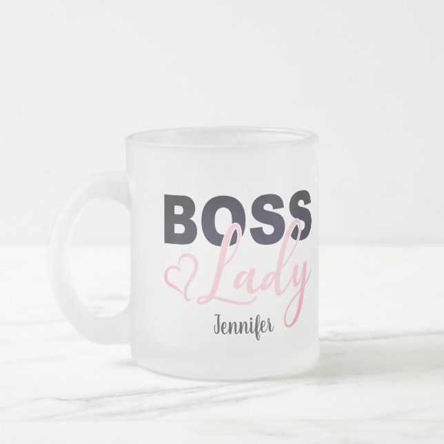 Personalized PinkHeart Boss Lady Coffee   Frosted Glass Coffee Mug (Left)