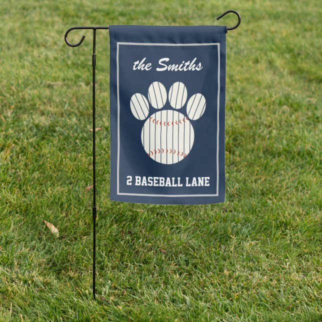 Personalized Pinstripe Baseball Paw Print  Garden Flag (In SItu)