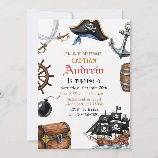Personalized Pirate Birthday for Kids Invitation  (Front)