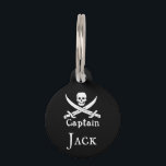 Personalized Pirate Captain Round Pet Tag<br><div class="desc">Avast, ye lubbers! Shiver me timbers,  claim your pirate name Captain! For all the buccaneers ,  the classic pirate flag: a skull and crossed cutlasses. Savvy? Personalize it with your name or give it as a gift.</div>