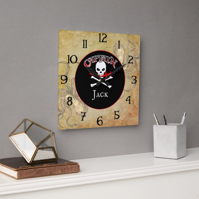 Personalized Pirate Captain Square Wall Clock (Office)