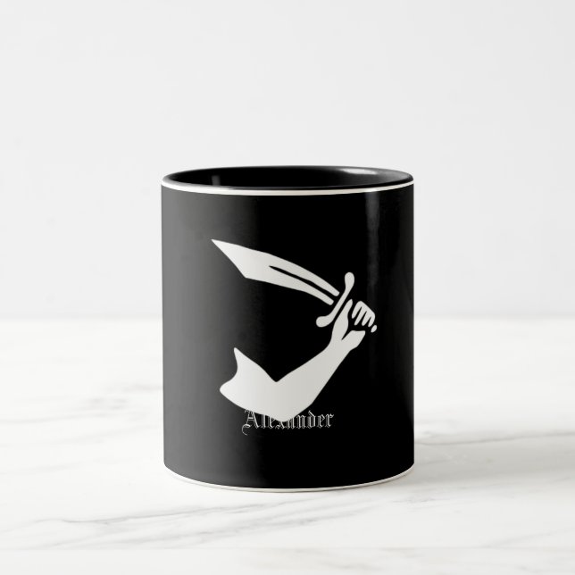 Personalized Pirate Flag Arm and Sword Jolly Roger Two-Tone Coffee Mug (Center)