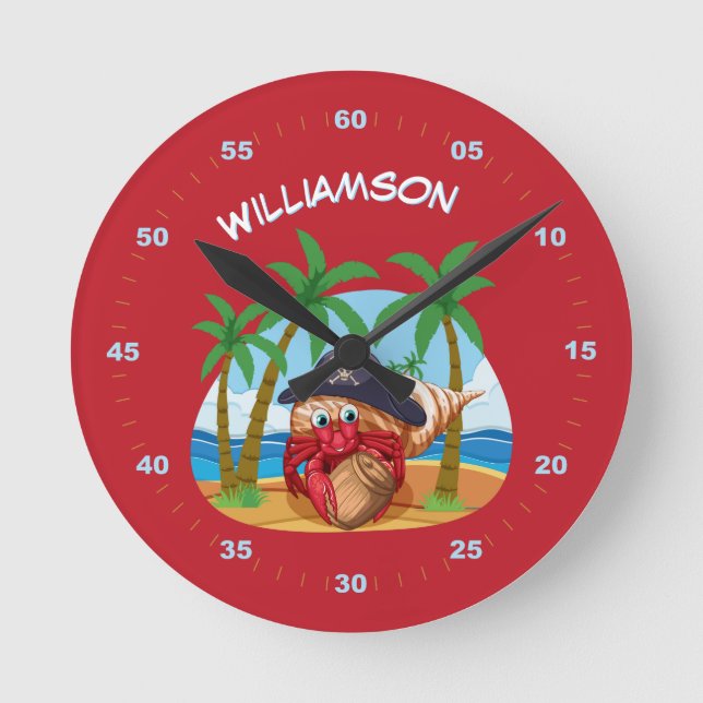 Personalized Pirate Hermit Crab Beach fun kids  Round Clock (Front)