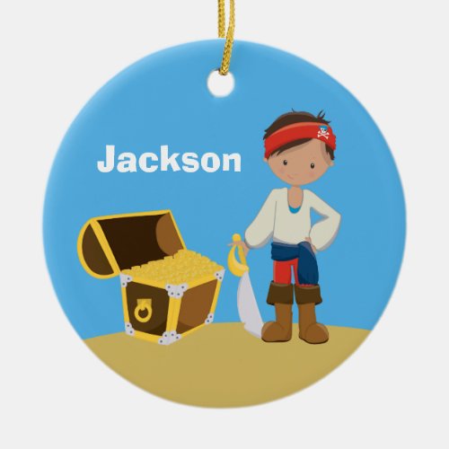 Personalized Pirate Kids Blue Boys Name Christmas Ceramic Ornament