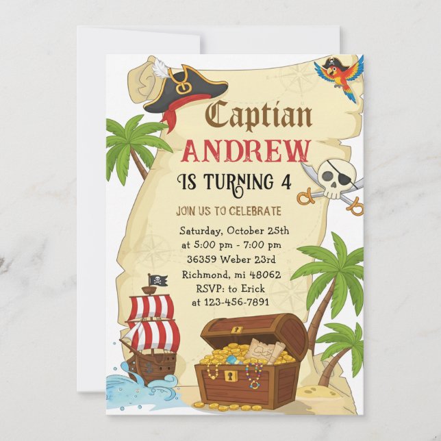 Personalized pirate theme child's birthday invitation (Front)