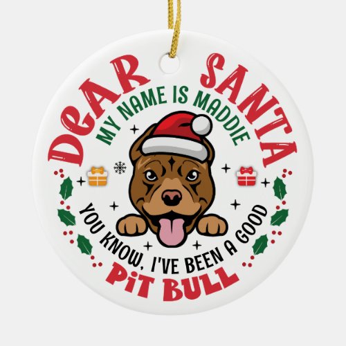 Personalized Pit Bull Dog Christmas Tree Round Ceramic Ornament