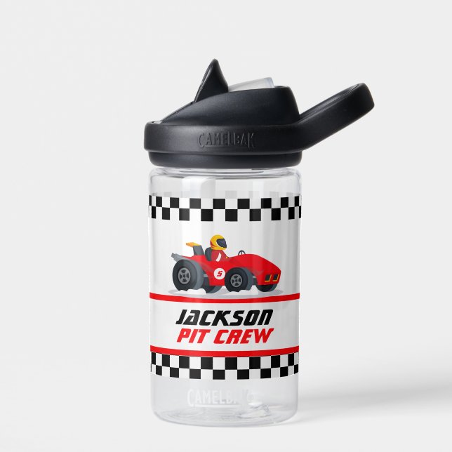 Personalized Pit Crew Checkered Flag Water Bottle (Left)