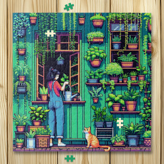 Personalized Pixel Art Plants and Cat  Jigsaw Puzzle