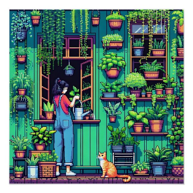 Personalized Pixel Art Plants and Cat  Poster (Front)