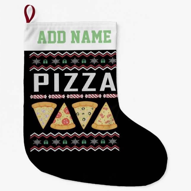 Personalized Pizza Ugly Christmas Sweater Large Christmas Stocking (Front)