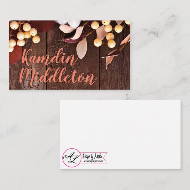 Personalized Place Cards Cotton Branch on Dark Woo (Front/Back)