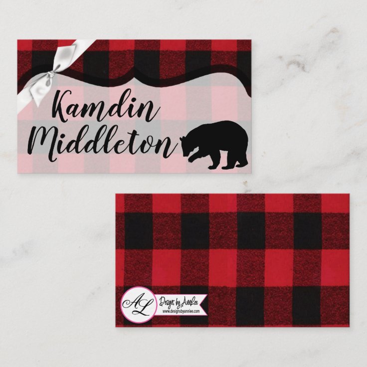 Personalized Place Cards Red Buffalo Plaid Bear Bl | Zazzle