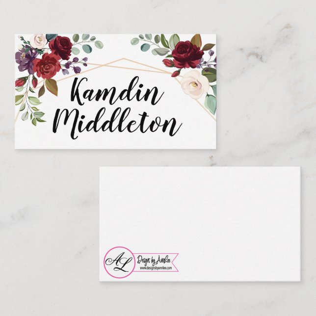 Personalized Place Cards White Roses Gold Geometri (Front/Back)