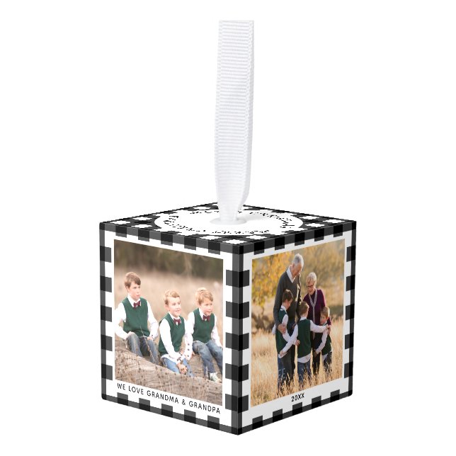 Personalized Plaid 4 Photo Christmas Grandparents Cube Ornament (Front Angled)